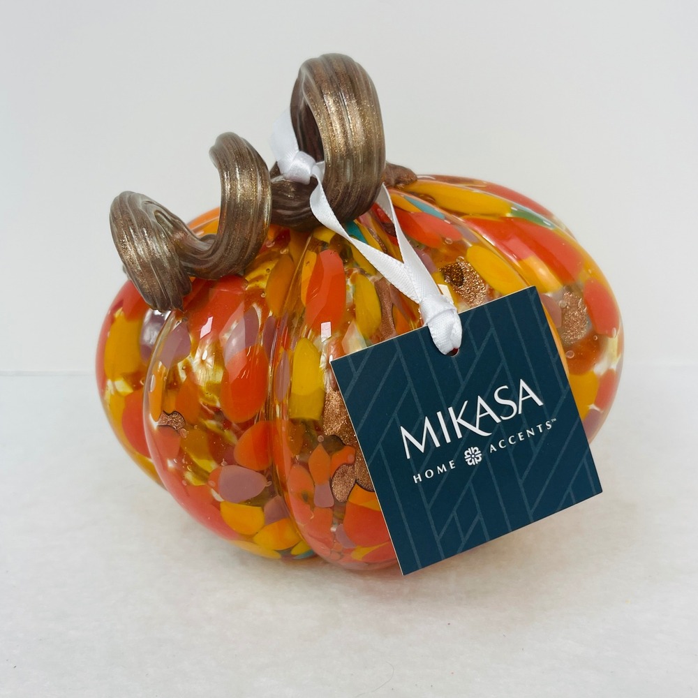 Mikasa Pumpkin Figurine Multicolor Confetti Art Glass Gold Glitter Stem NEW